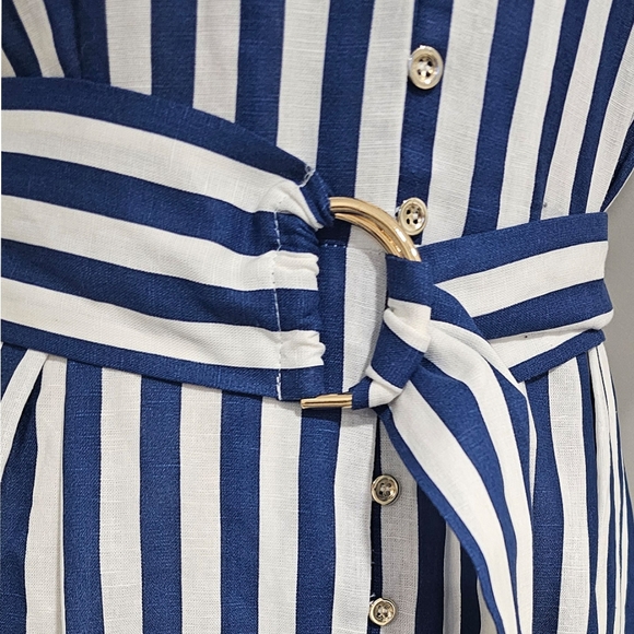 Zara Navy White Striped Linen Blend  Belted Midi Dress - Picture 6 of 9